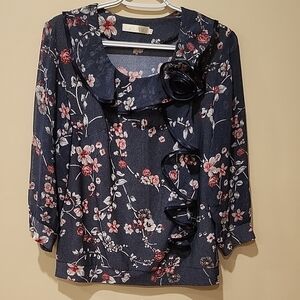 Navy Floral Women's Blouse with Ruffle Detail